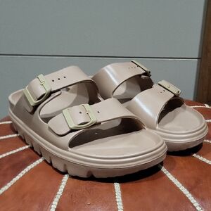 Neutral Beige Double-Buckle Slide Sandals
